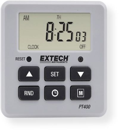 Extech PT400 Power Timer; LCD displays time, day and program function; Program time resolution is 1 minute; Sixteen Program combinations for individual days or Mon to Fri, Mon to Sun, Sat to Sun, Mon to Sat, Mon Weds Fri,Tues Thurs Sat, Mon Tues Weds, Thurs Fri Sat, Mon Weds Fri Sun; Easy to install and operate; UPC 793950234006 (PT400 PT-400 TIMER-PT400 EXTECHPT400 EXTECH-PT400 EXTECH-PT-400)